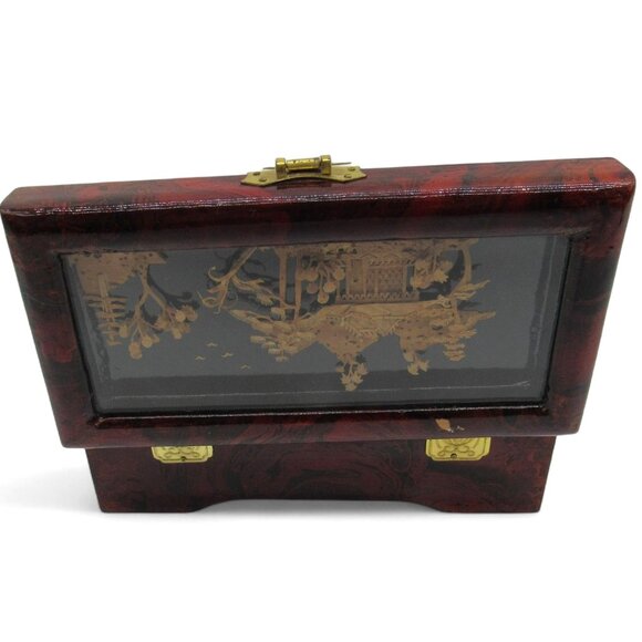 Vintage Oriental Lacquered Wooden JEWELRY BOX 3D Cork Pagoda with Birds - Picture 5 of 13
